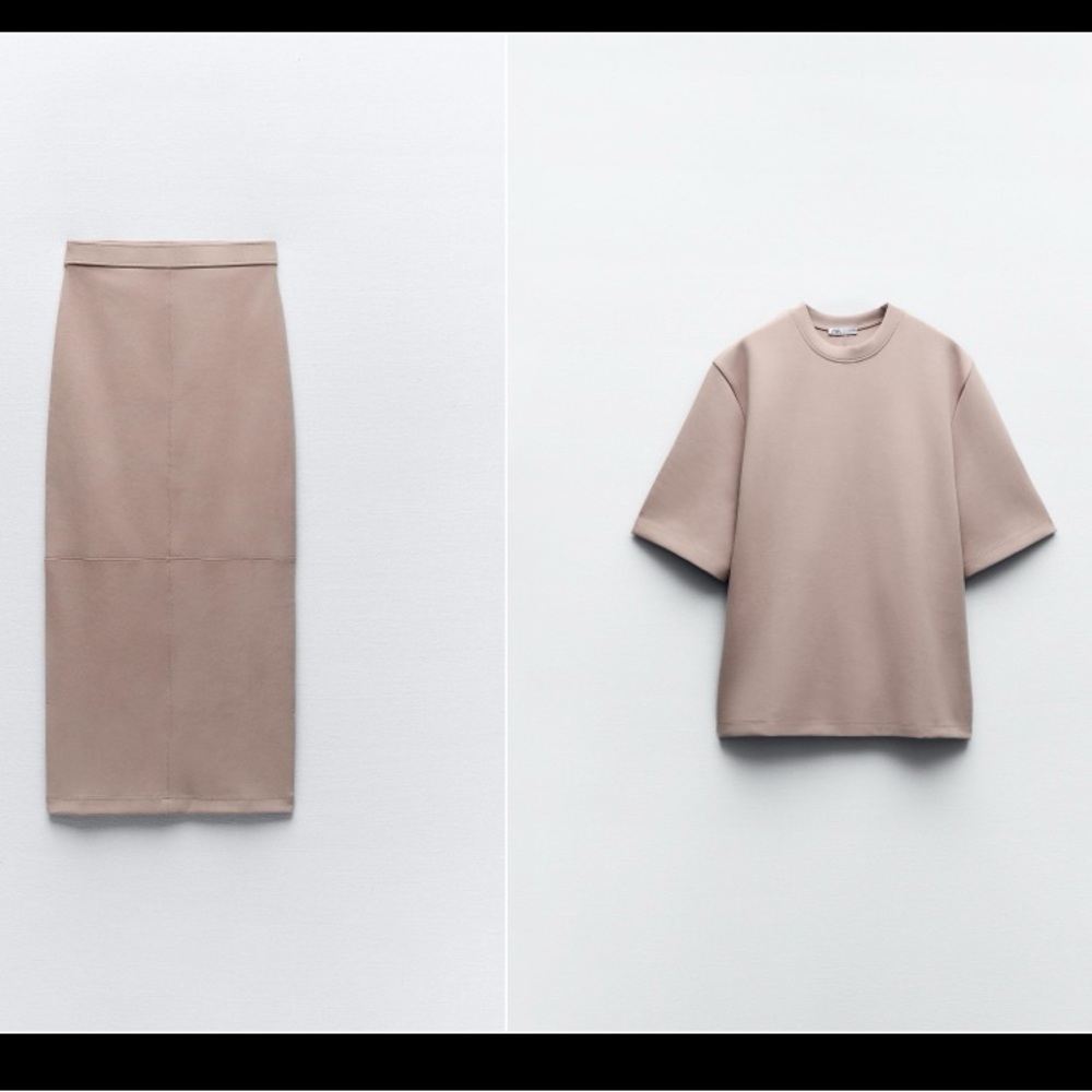 Zara interlock oversized t-shirt and midi skirt set.